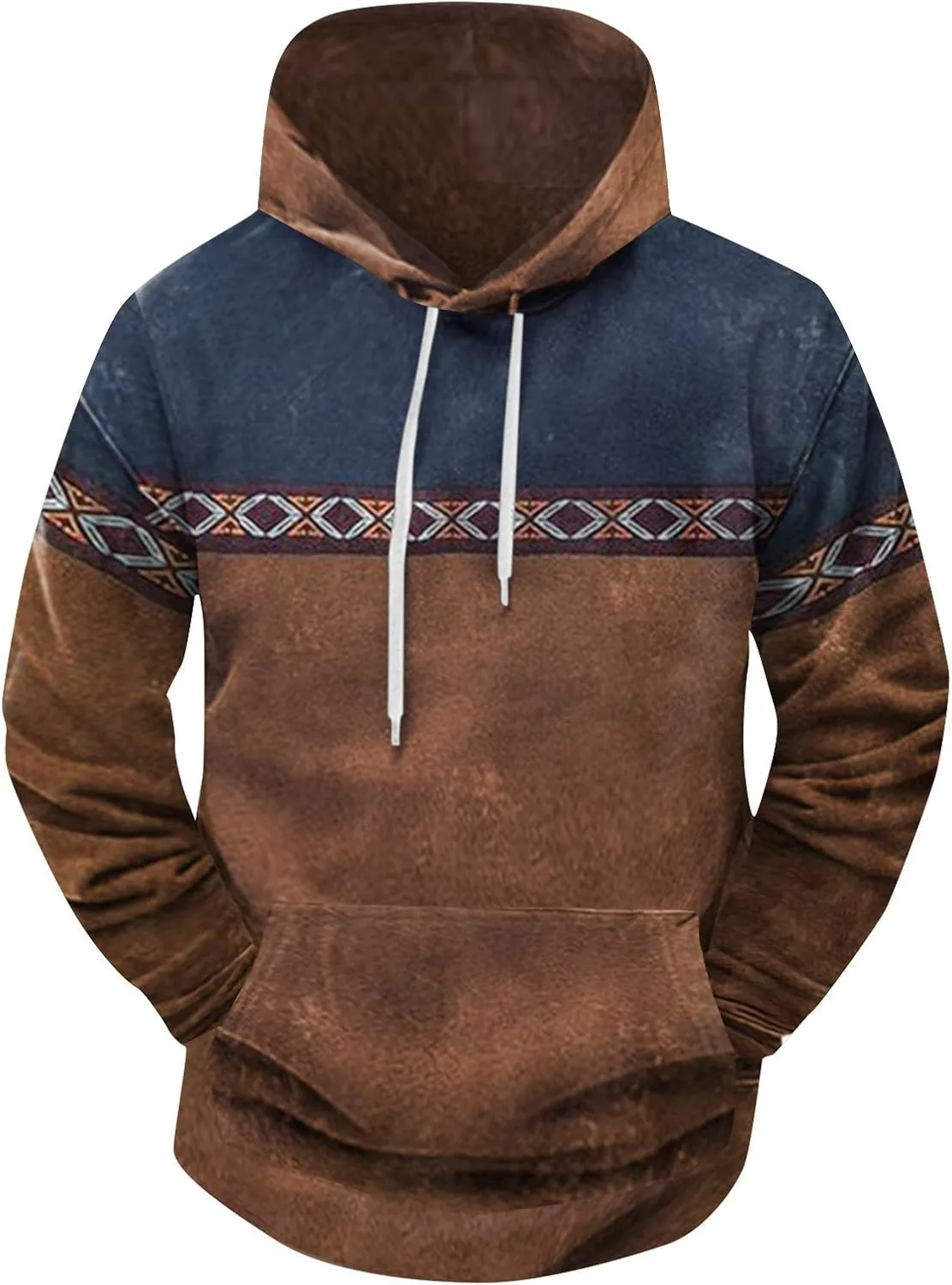 Mens Aztec Hoodie Western Hooded Sweatshirt Casual Vintage Long Sleeve Drawstring Cowboy Pullover with Pocket