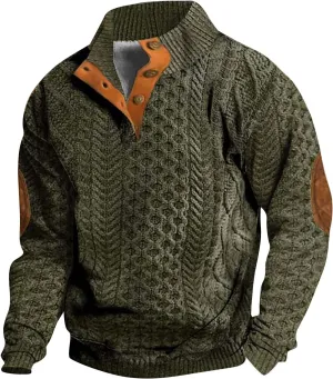 Mens Casual Twist Pattern Pullover Sweatshirts Long Sleeve Cable Knit Sweater Stand Collar Button Up Thermal Pullover