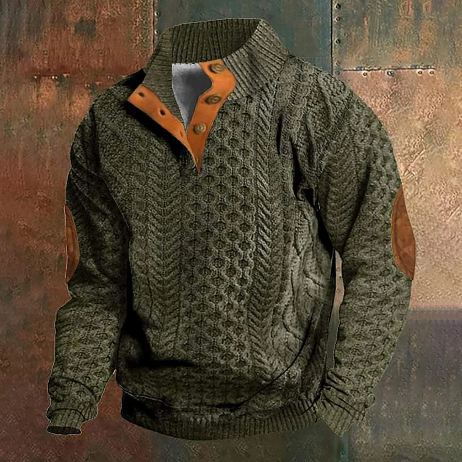 Mens Casual Twist Pattern Pullover Sweatshirts Long Sleeve Cable Knit Sweater Stand Collar Button Up Thermal Pullover
