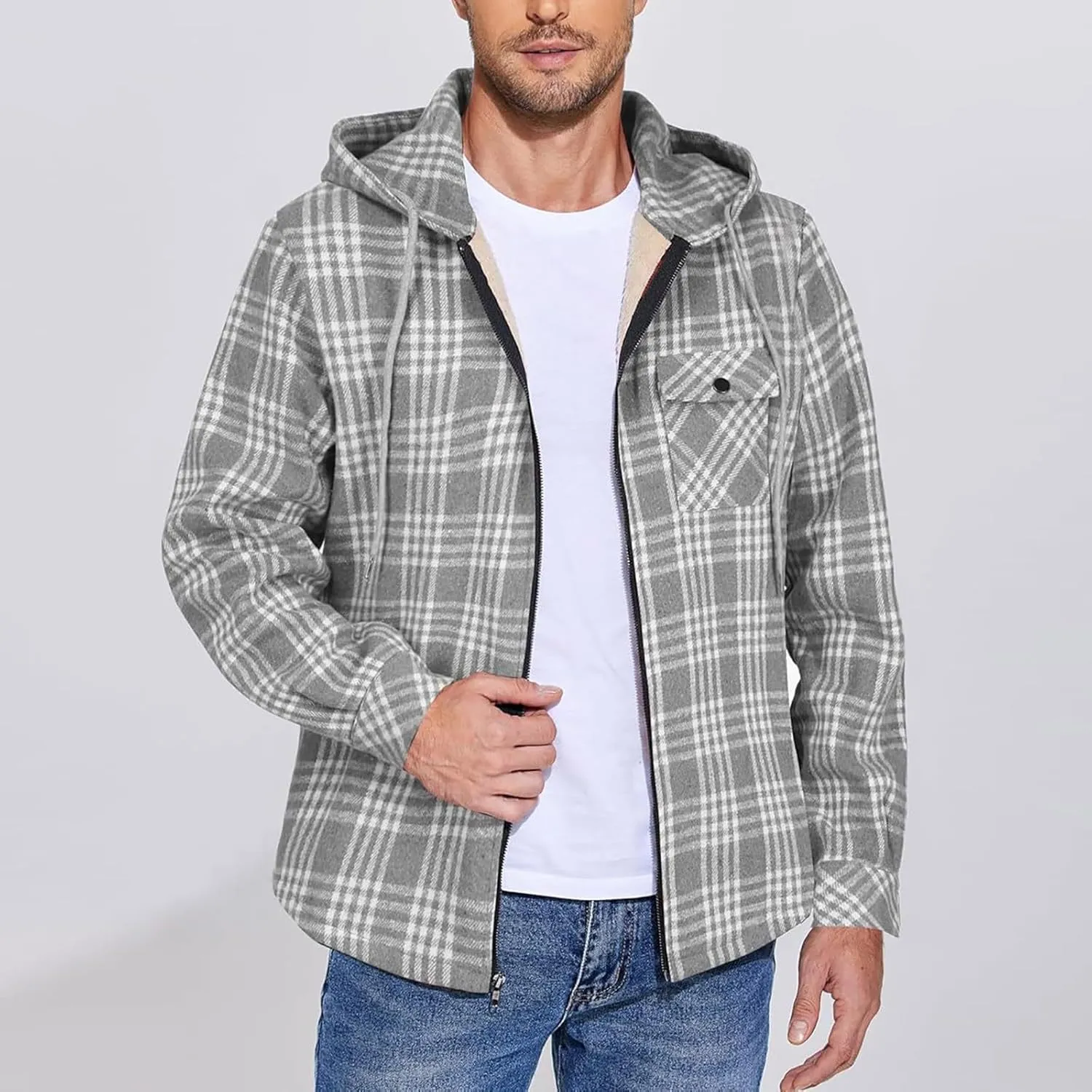 Mens Sherpa Hoodie Full-Zip Casual Thermal Hoodies Warm Thick Fleece Hooded
