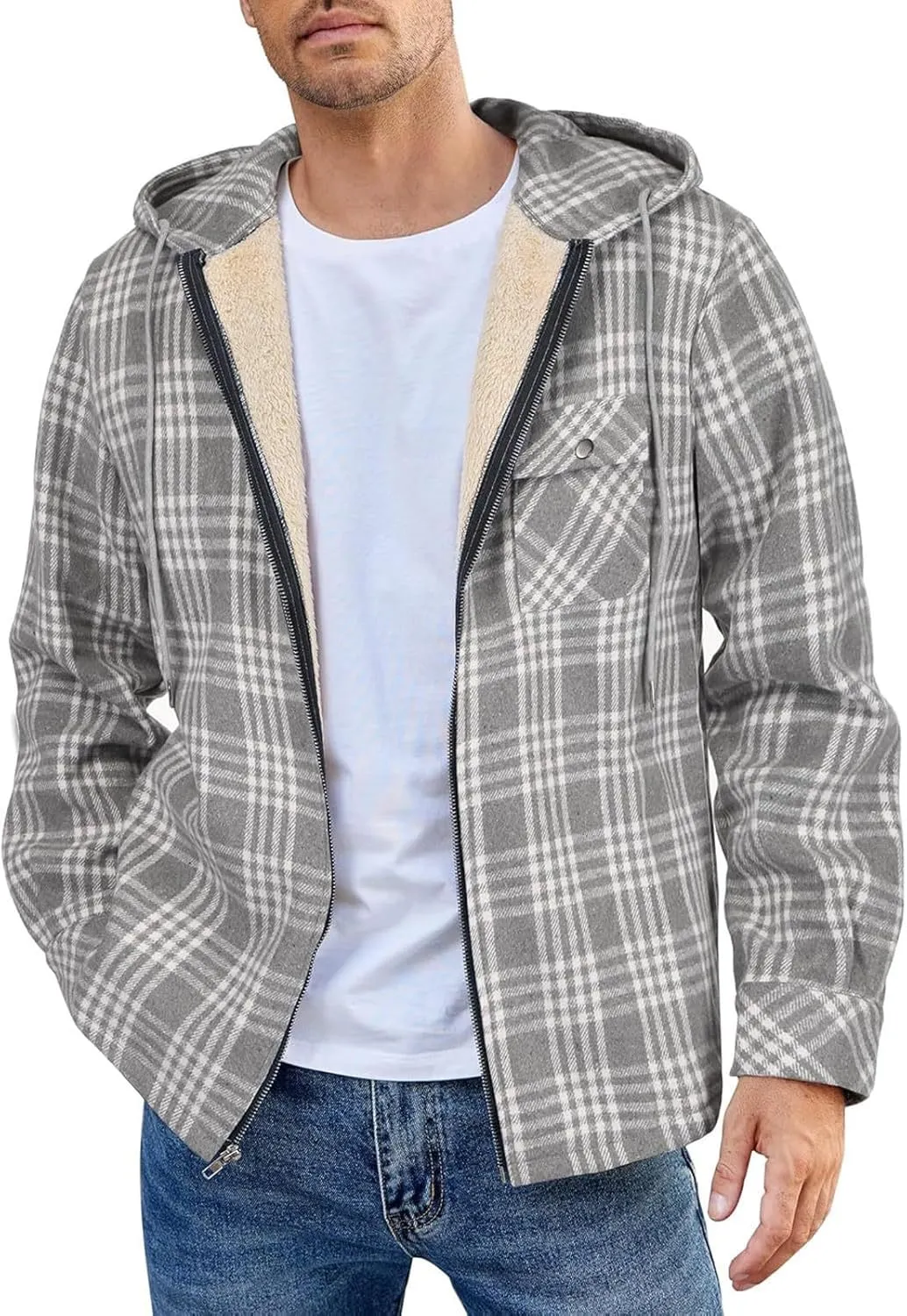 Mens Sherpa Hoodie Full-Zip Casual Thermal Hoodies Warm Thick Fleece Hooded