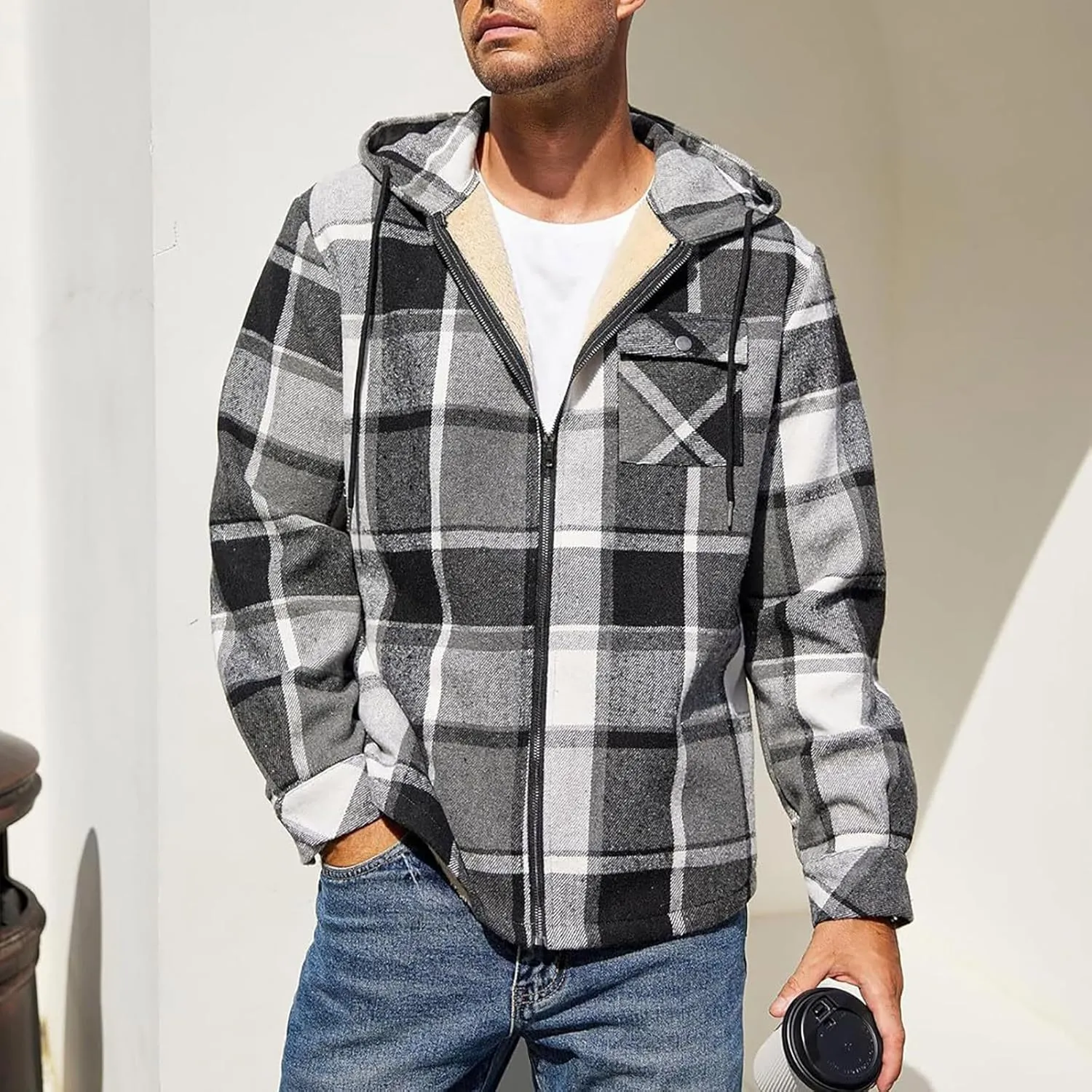 Mens Sherpa Hoodie Zip Up Winter Thermal Hooded Warm Casual Fleece Hoodies