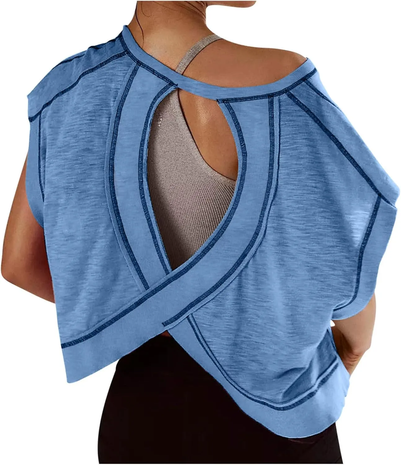 Open Back Tops for Women Workout Crop Tops Short Sleeve Casual Backless Gym Yoga Shirts Loose Fit Athletic Tops