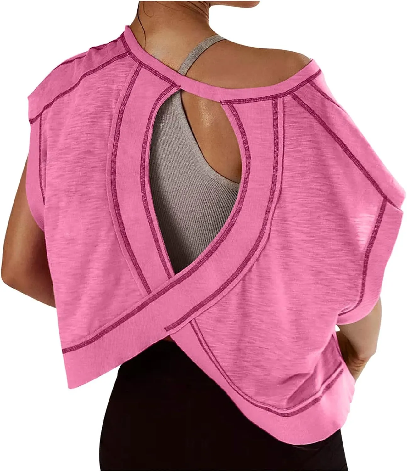 Open Back Tops for Women Workout Crop Tops Short Sleeve Casual Backless Gym Yoga Shirts Loose Fit Athletic Tops