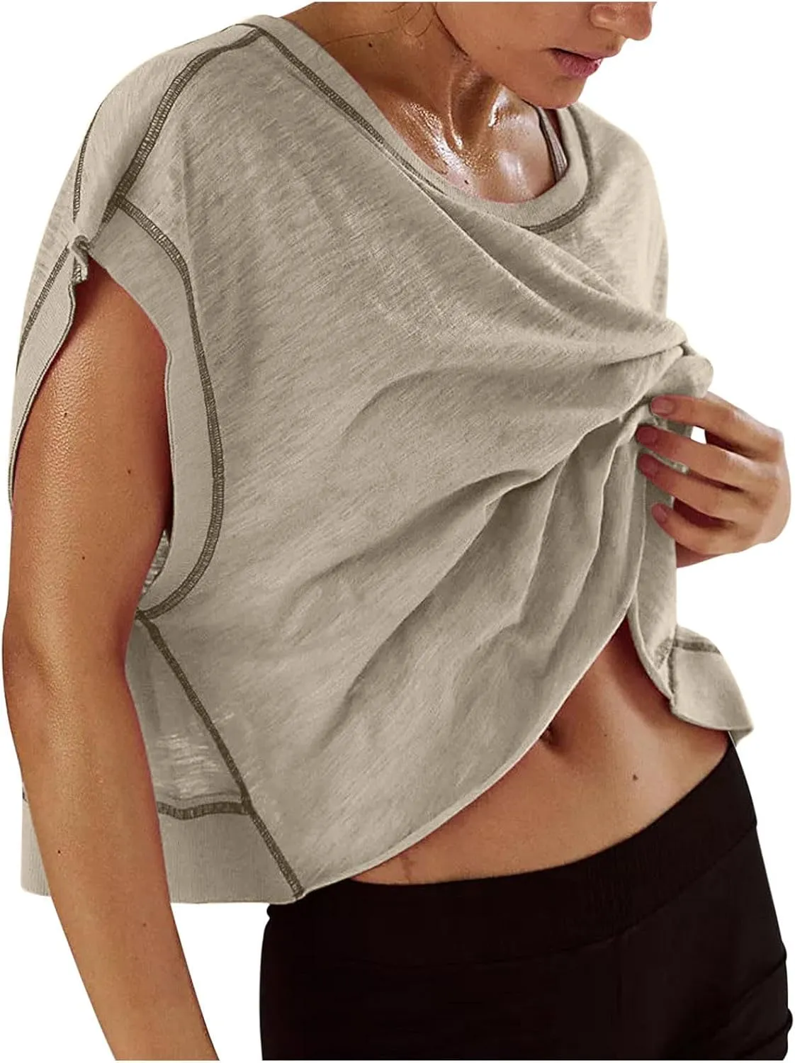 Open Back Tops for Women Workout Crop Tops Short Sleeve Casual Backless Gym Yoga Shirts Loose Fit Athletic Tops