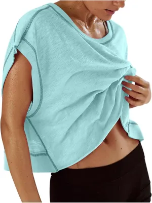 Open Back Tops for Women Workout Crop Tops Short Sleeve Casual Backless Gym Yoga Shirts Loose Fit Athletic Tops