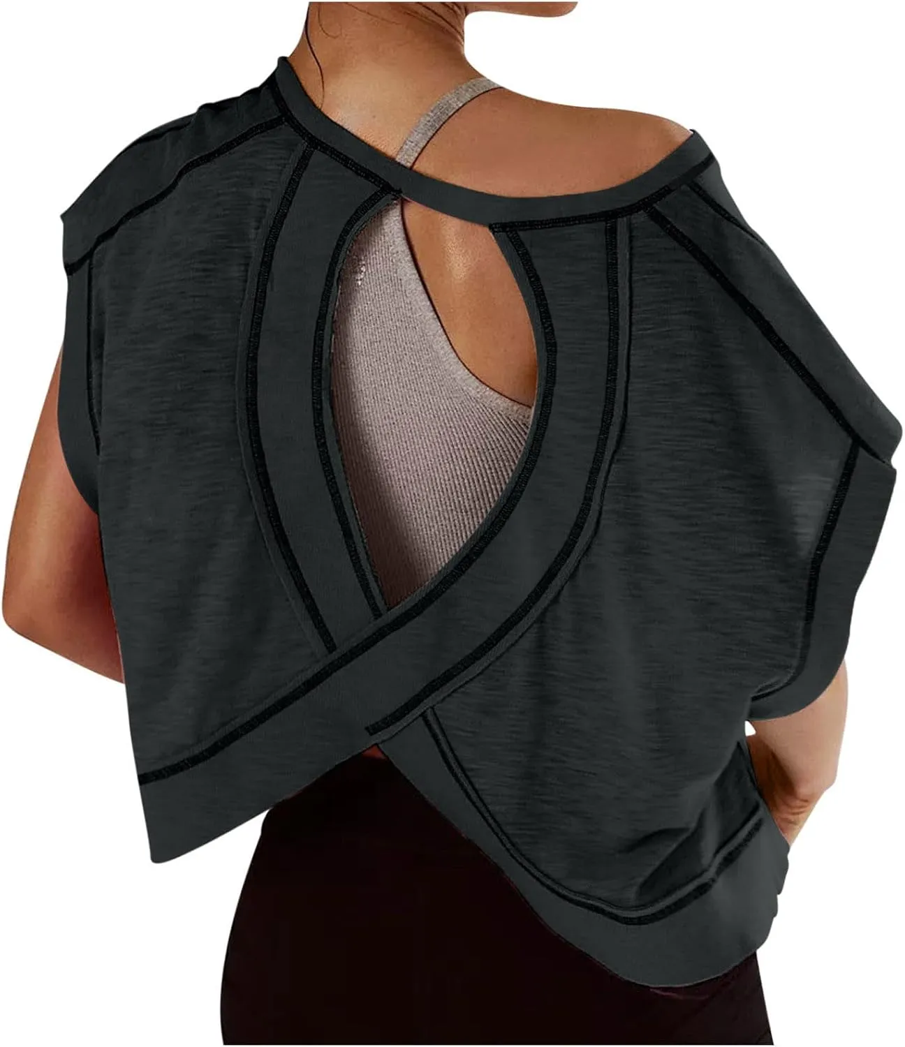 Open Back Tops for Women Workout Crop Tops Short Sleeve Casual Backless Gym Yoga Shirts Loose Fit Athletic Tops