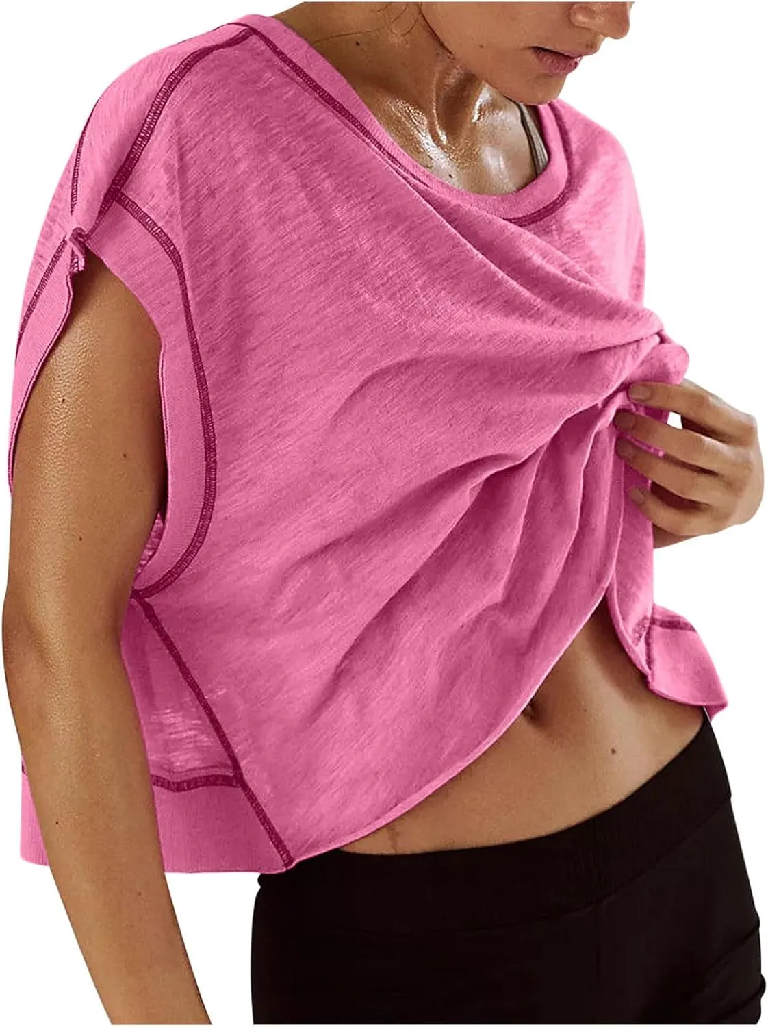 Open Back Tops for Women Workout Crop Tops Short Sleeve Casual Backless Gym Yoga Shirts Loose Fit Athletic Tops