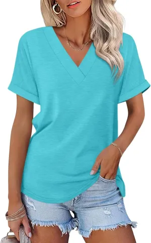 ORANDESIGNE Women's Short Sleeve V Neck Tops Casual Summer T Shirts Ladies Basic Tees