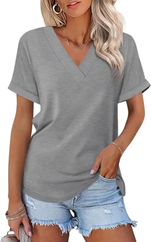 ORANDESIGNE Women's Short Sleeve V Neck Tops Casual Summer T Shirts Ladies Basic Tees