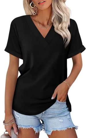 ORANDESIGNE Women's Short Sleeve V Neck Tops Casual Summer T Shirts Ladies Basic Tees