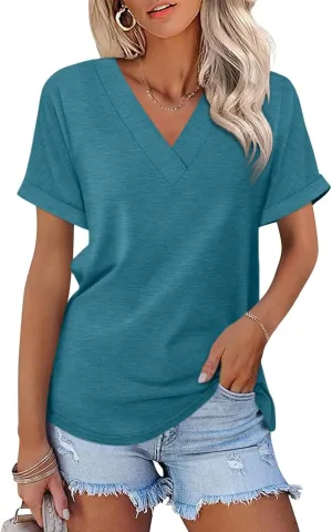 ORANDESIGNE Women's Short Sleeve V Neck Tops Casual Summer T Shirts Ladies Basic Tees