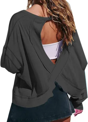 Oversized Open Back Sweatshirts for Womens Gym Backless Long Sleeve Crop Tops Workout Yoga Athletic Shirts Pullover