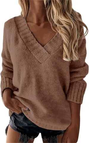 Oversized Sweater for Women Sexy Deep V Neck Cable Knit Sweaters Long Sleeve Loose Jumper Tunic Pullover Tops