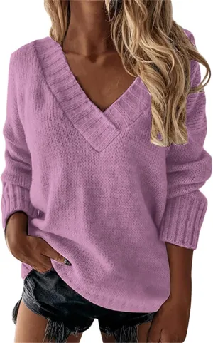 Oversized Sweater for Women Sexy Deep V Neck Cable Knit Sweaters Long Sleeve Loose Jumper Tunic Pullover Tops
