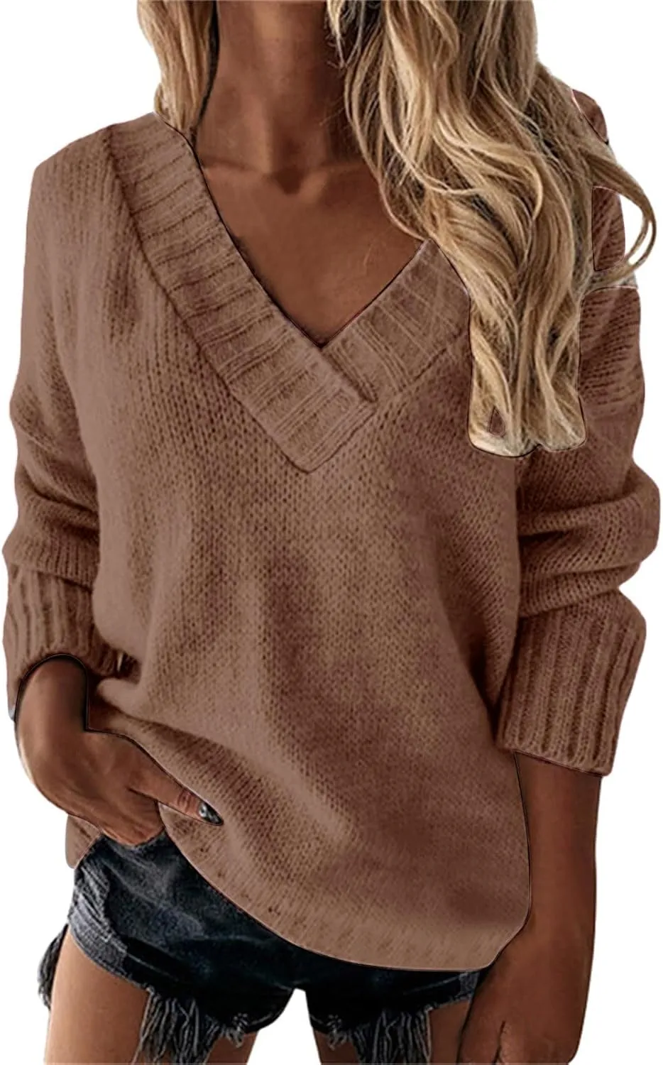 Oversized Sweater for Women Sexy Deep V Neck Cable Knit Sweaters Long Sleeve Loose Jumper Tunic Pullover Tops