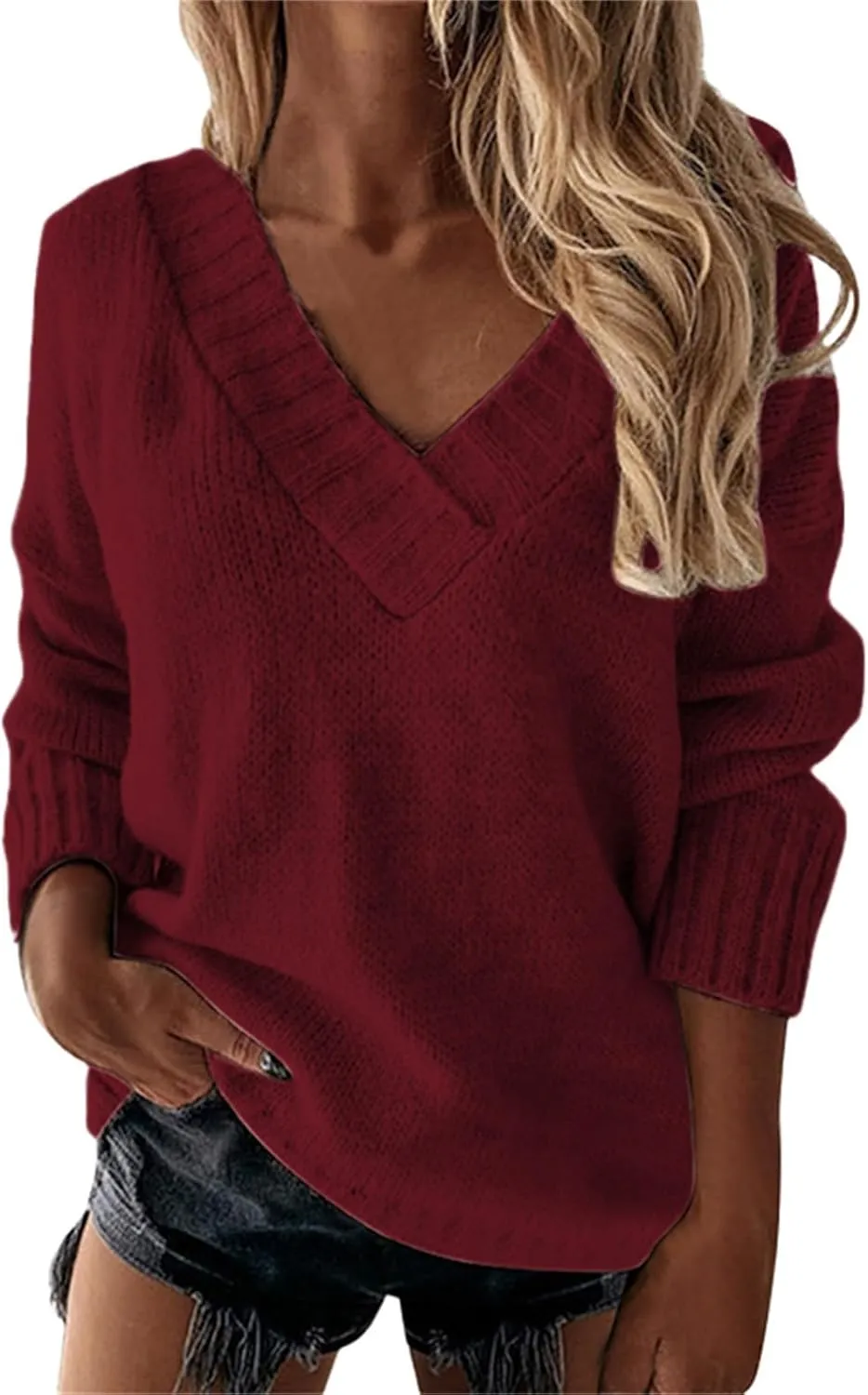 Oversized Sweater for Women Sexy Deep V Neck Cable Knit Sweaters Long Sleeve Loose Jumper Tunic Pullover Tops