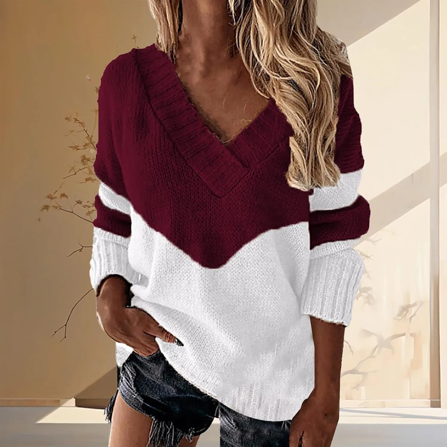 Oversized Sweater for Women Sexy Deep V Neck Cable Knit Sweaters Long Sleeve Loose Jumper Tunic Pullover Tops