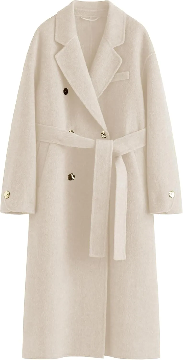 Peaceglad Womens Pea Coats Fall Long Trench Coat Double Breasted Lapel Belted Peacoat