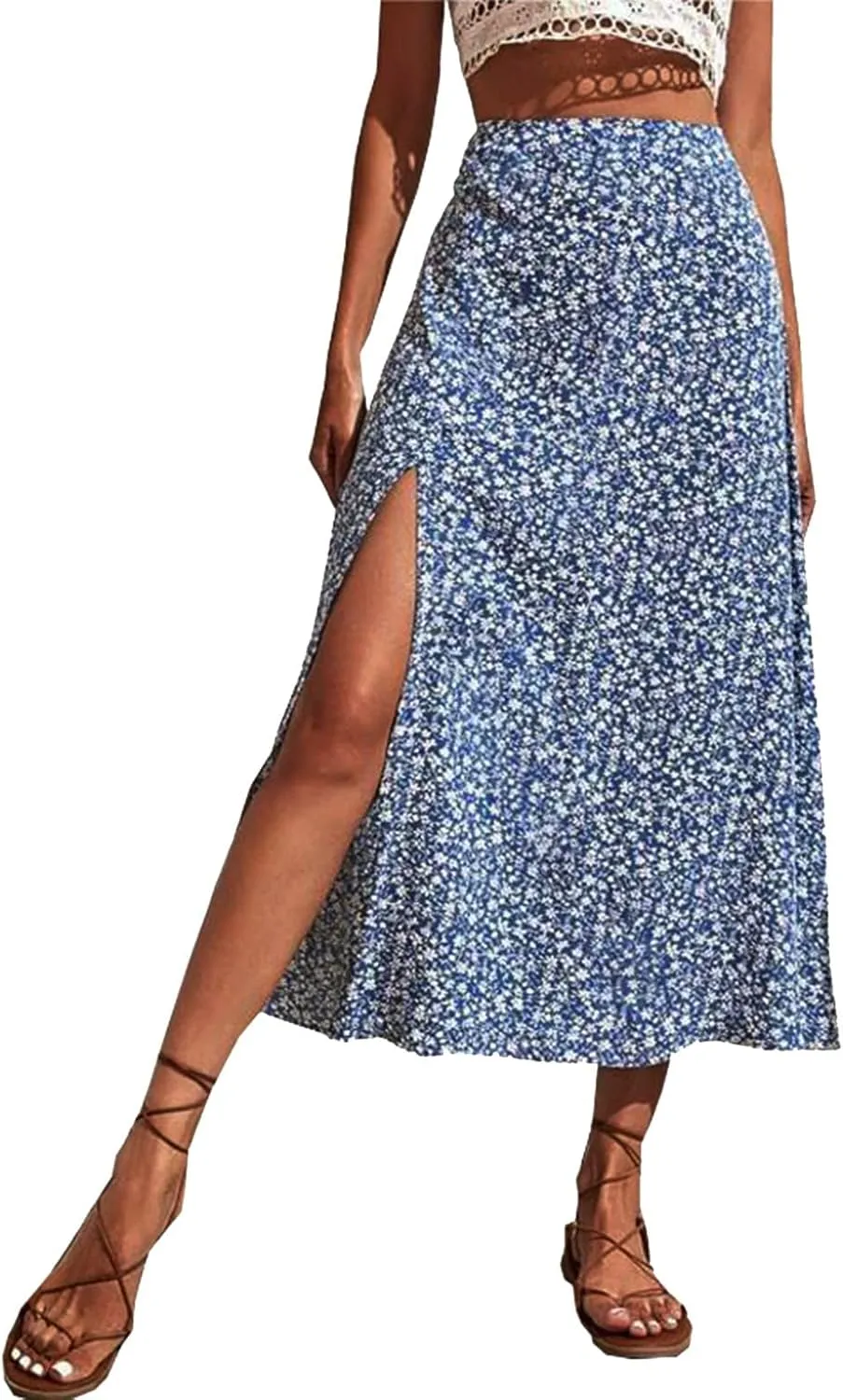 Pencil Skirt for Women Summer Trendy Boha Floral Print High Split High Elastic Waist Palazzo Long Skirts for Vacation