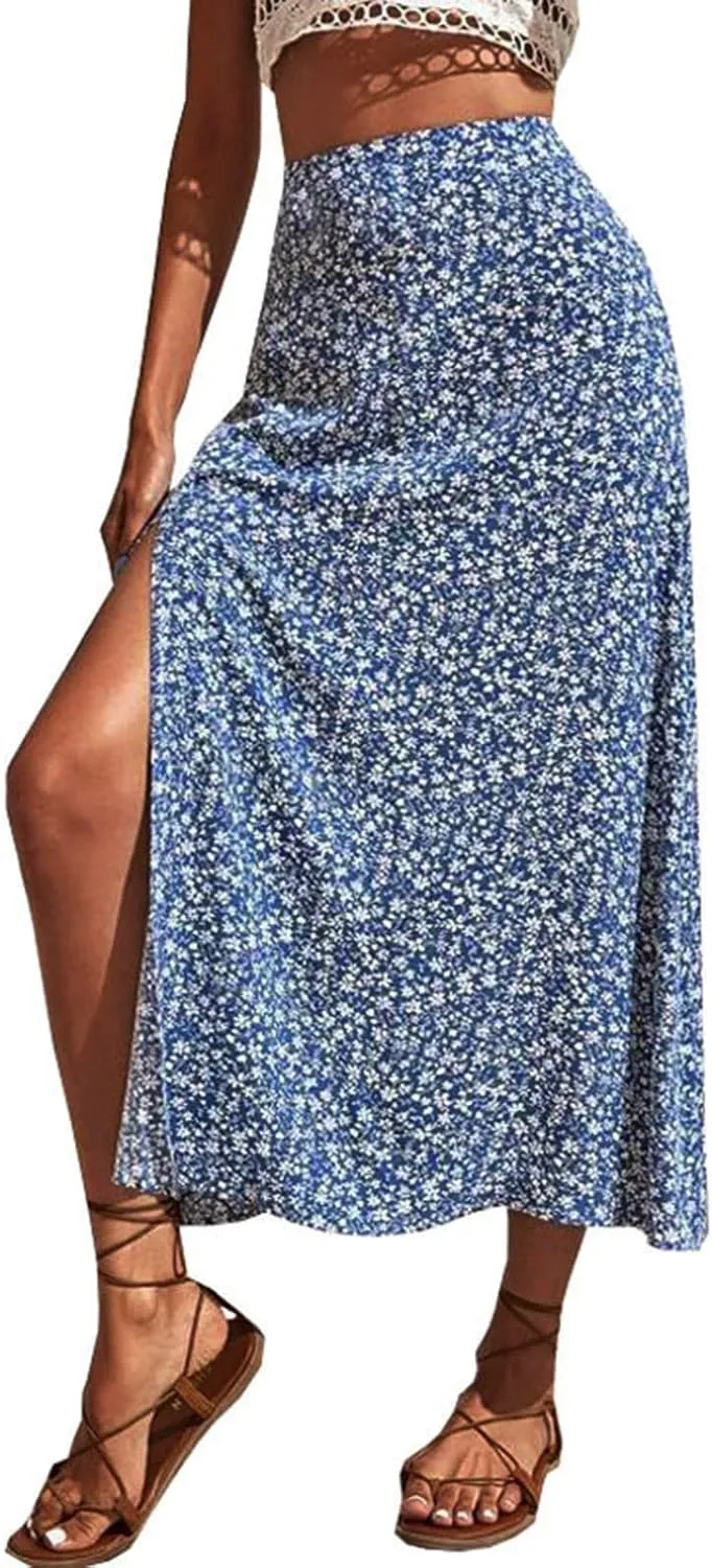 Pencil Skirt for Women Summer Trendy Boha Floral Print High Split High Elastic Waist Palazzo Long Skirts for Vacation