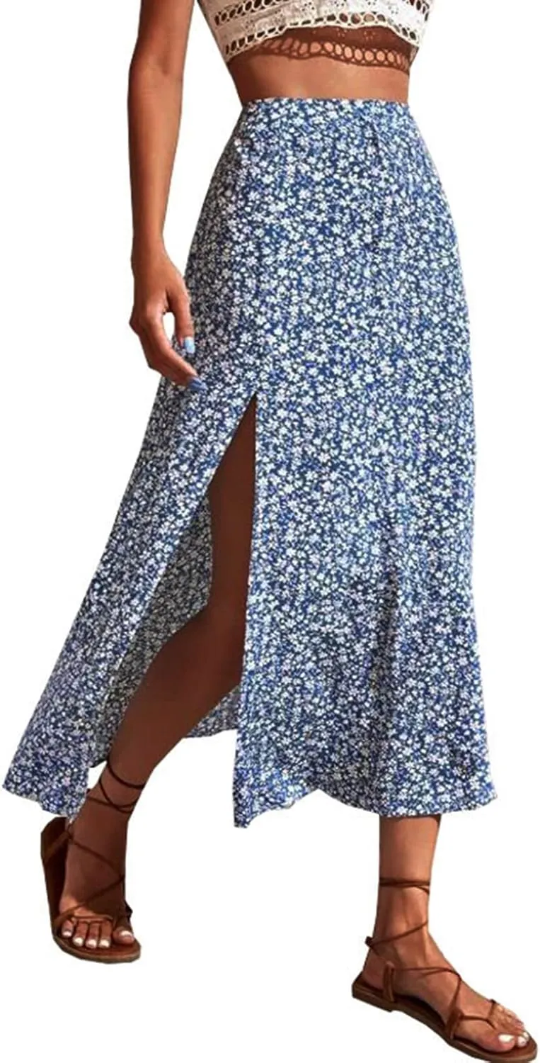 Pencil Skirt for Women Summer Trendy Boha Floral Print High Split High Elastic Waist Palazzo Long Skirts for Vacation