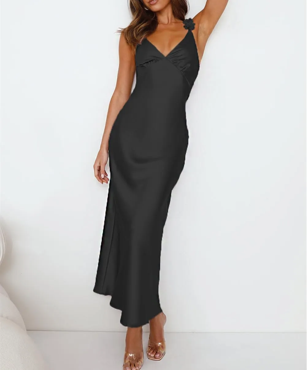 Phicia Summer Satin Spaghetti Strap V Neck Midi Dresses for Women Wedding Guest Elegant Flower Backless Cocktail Formal Dress