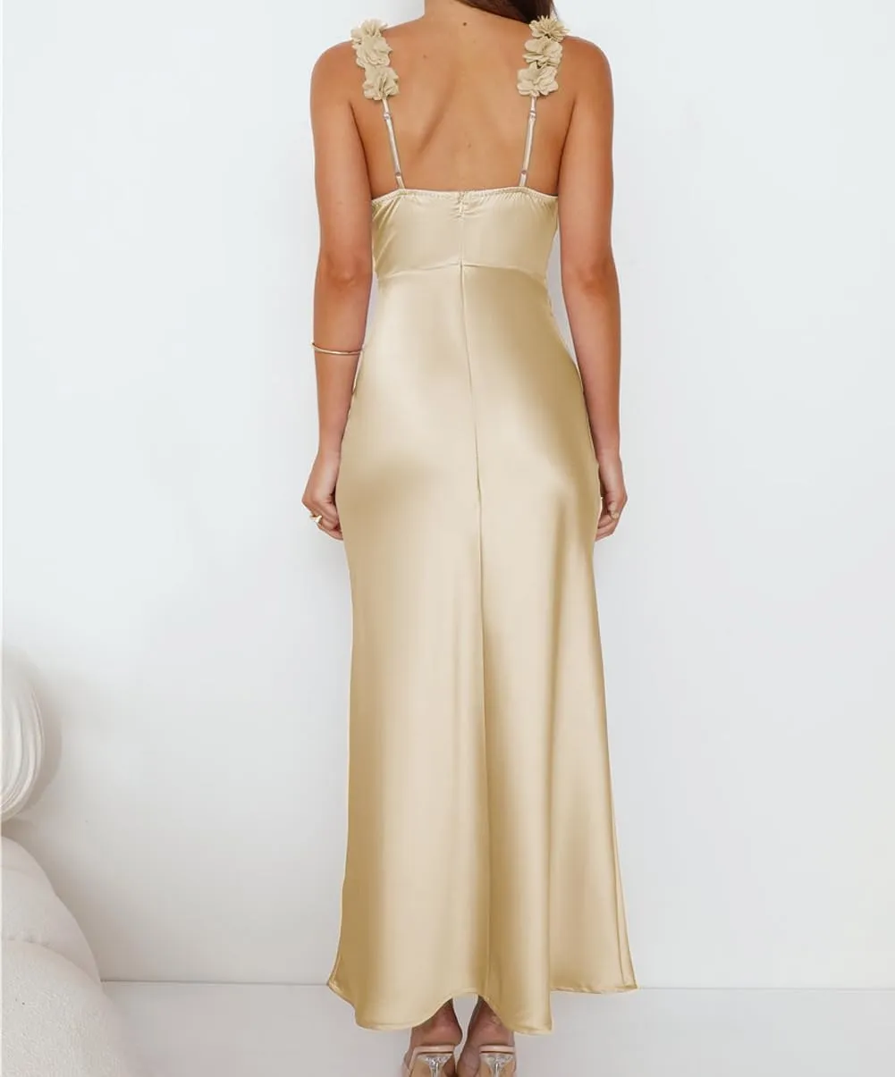 Phicia Summer Satin Spaghetti Strap V Neck Midi Dresses for Women Wedding Guest Elegant Flower Backless Cocktail Formal Dress