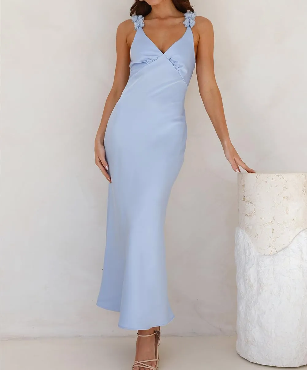 Phicia Summer Satin Spaghetti Strap V Neck Midi Dresses for Women Wedding Guest Elegant Flower Backless Cocktail Formal Dress