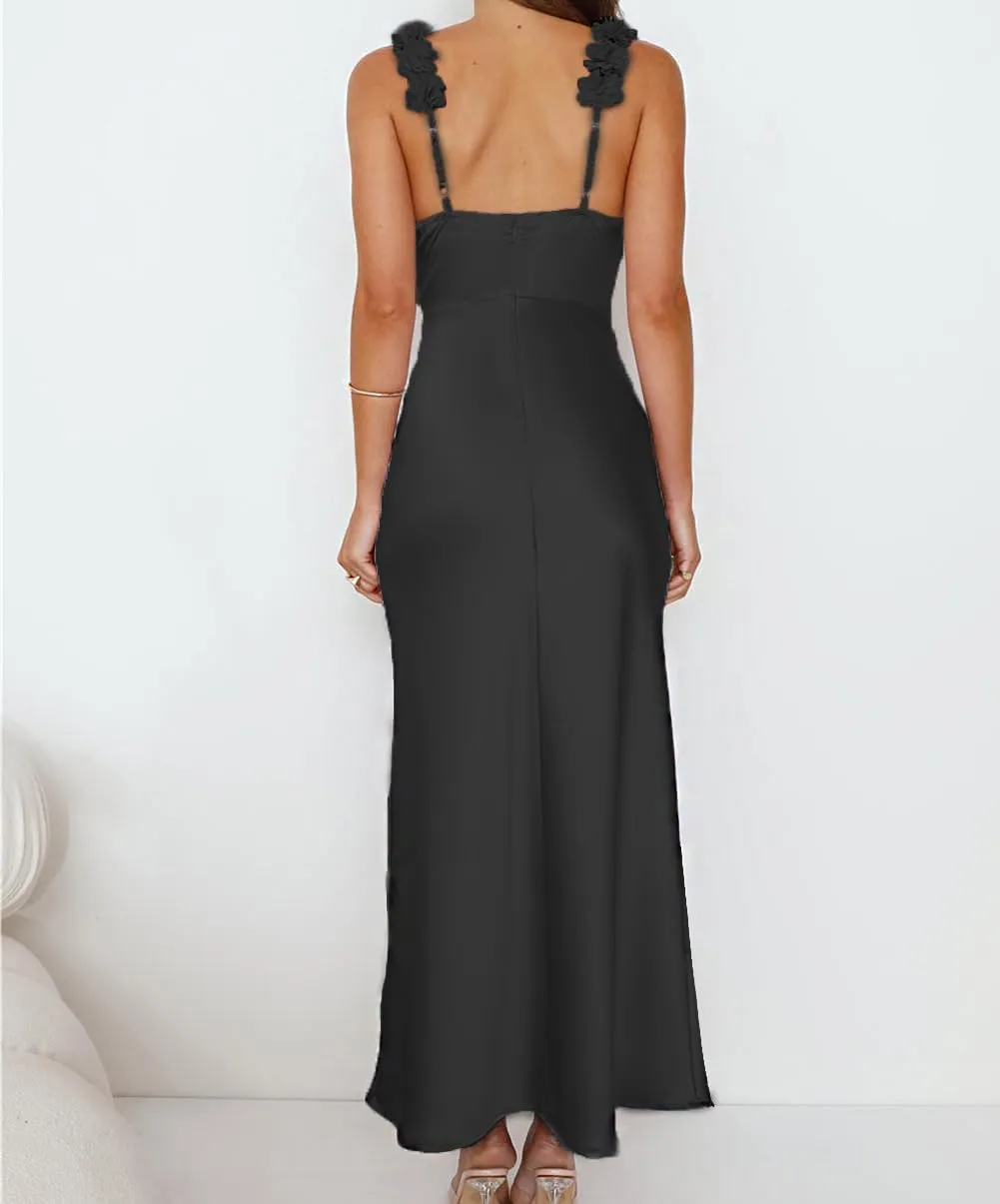 Phicia Summer Satin Spaghetti Strap V Neck Midi Dresses for Women Wedding Guest Elegant Flower Backless Cocktail Formal Dress