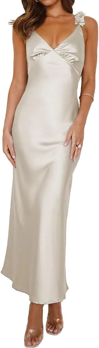 Phicia Summer Satin Spaghetti Strap V Neck Midi Dresses for Women Wedding Guest Elegant Flower Backless Cocktail Formal Dress
