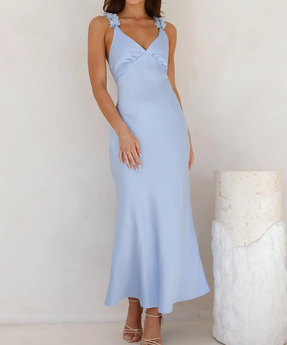Phicia Summer Satin Spaghetti Strap V Neck Midi Dresses for Women Wedding Guest Elegant Flower Backless Cocktail Formal Dress