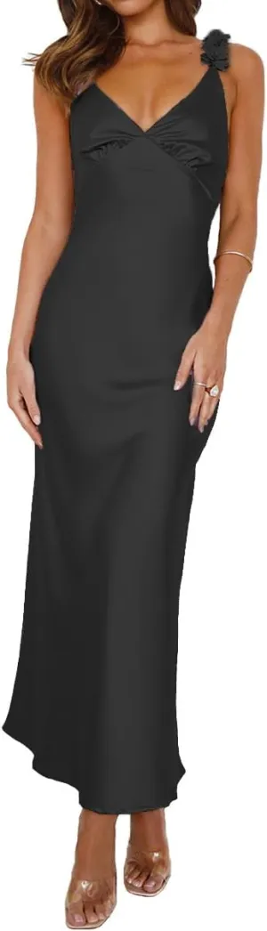 Phicia Summer Satin Spaghetti Strap V Neck Midi Dresses for Women Wedding Guest Elegant Flower Backless Cocktail Formal Dress