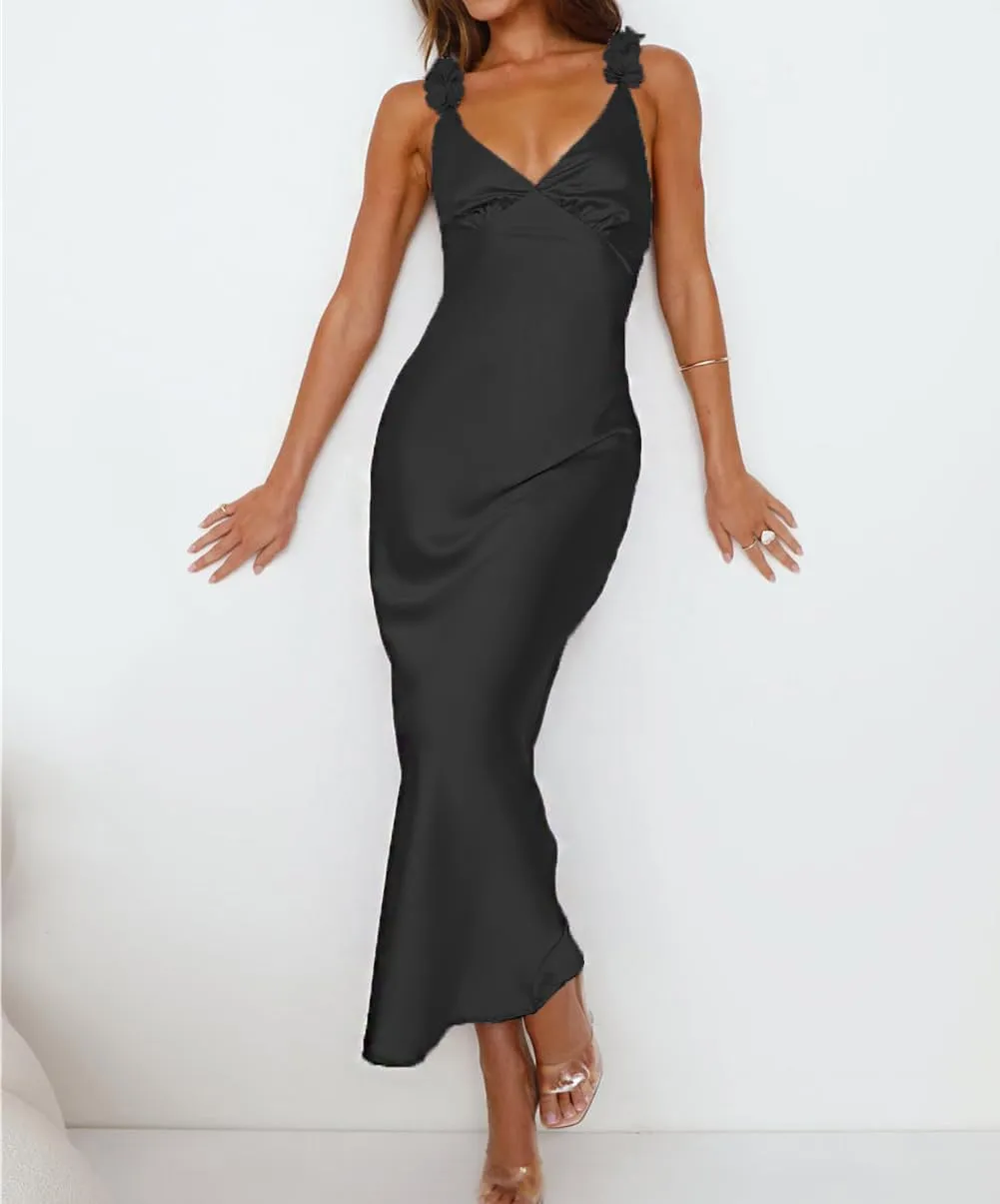 Phicia Summer Satin Spaghetti Strap V Neck Midi Dresses for Women Wedding Guest Elegant Flower Backless Cocktail Formal Dress