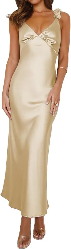 Phicia Summer Satin Spaghetti Strap V Neck Midi Dresses for Women Wedding Guest Elegant Flower Backless Cocktail Formal Dress