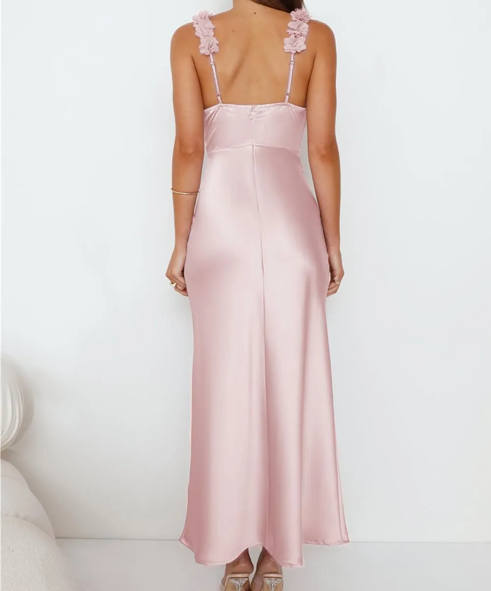 Phicia Summer Satin Spaghetti Strap V Neck Midi Dresses for Women Wedding Guest Elegant Flower Backless Cocktail Formal Dress