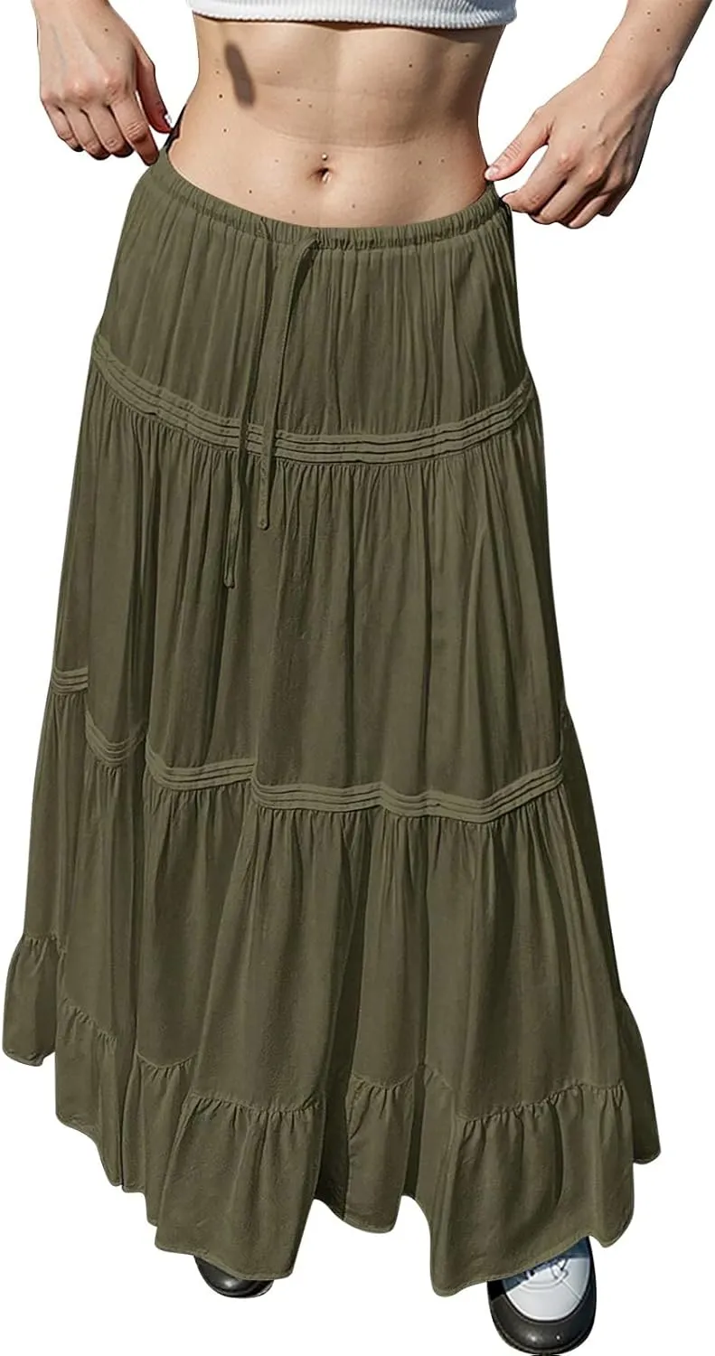 Pleated Linen Skirts for Women Summer Casual Elastic High Waisted Long Skirts A-Line Flowy Swing Maxi Skirt with Pockets