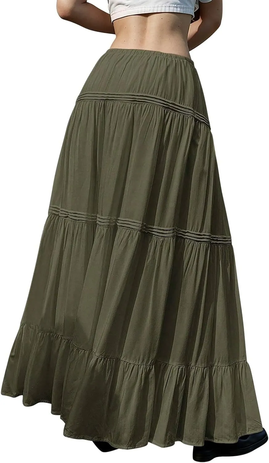 Pleated Linen Skirts for Women Summer Casual Elastic High Waisted Long Skirts A-Line Flowy Swing Maxi Skirt with Pockets