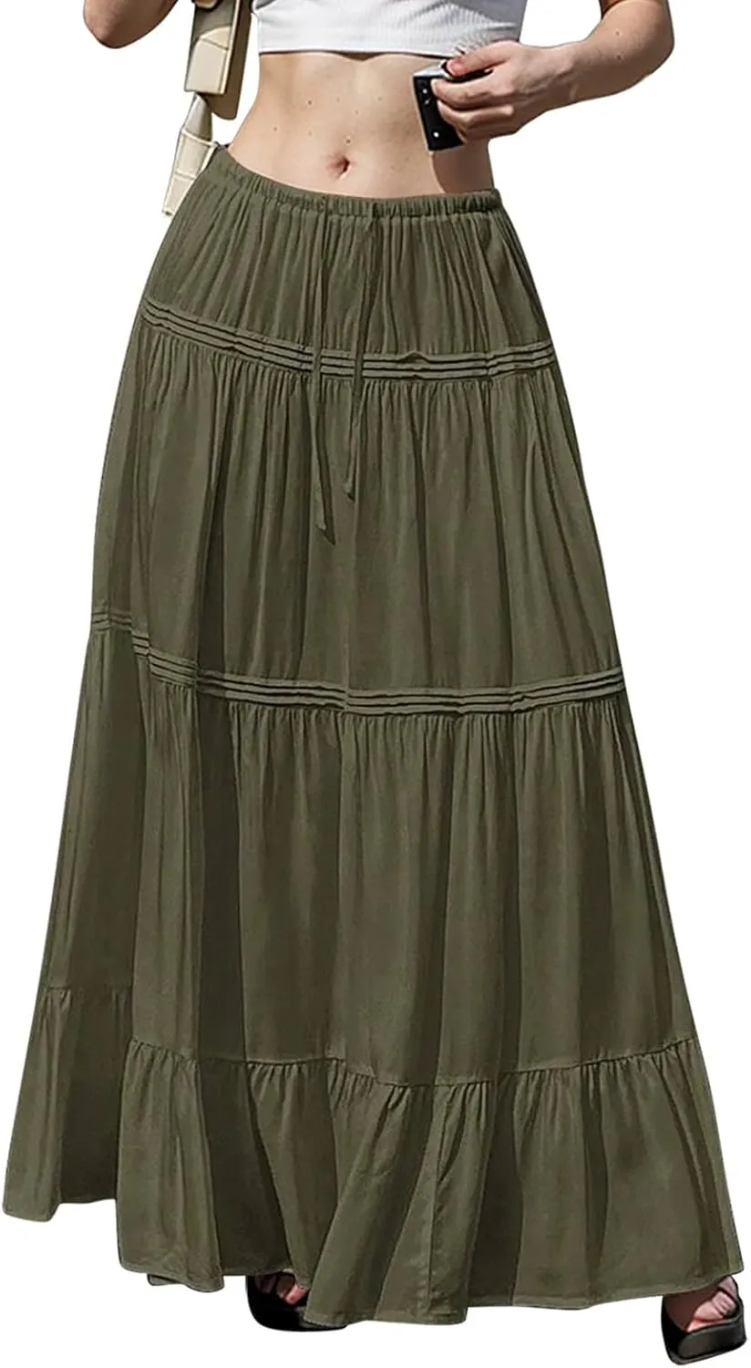 Pleated Linen Skirts for Women Summer Casual Elastic High Waisted Long Skirts A-Line Flowy Swing Maxi Skirt with Pockets