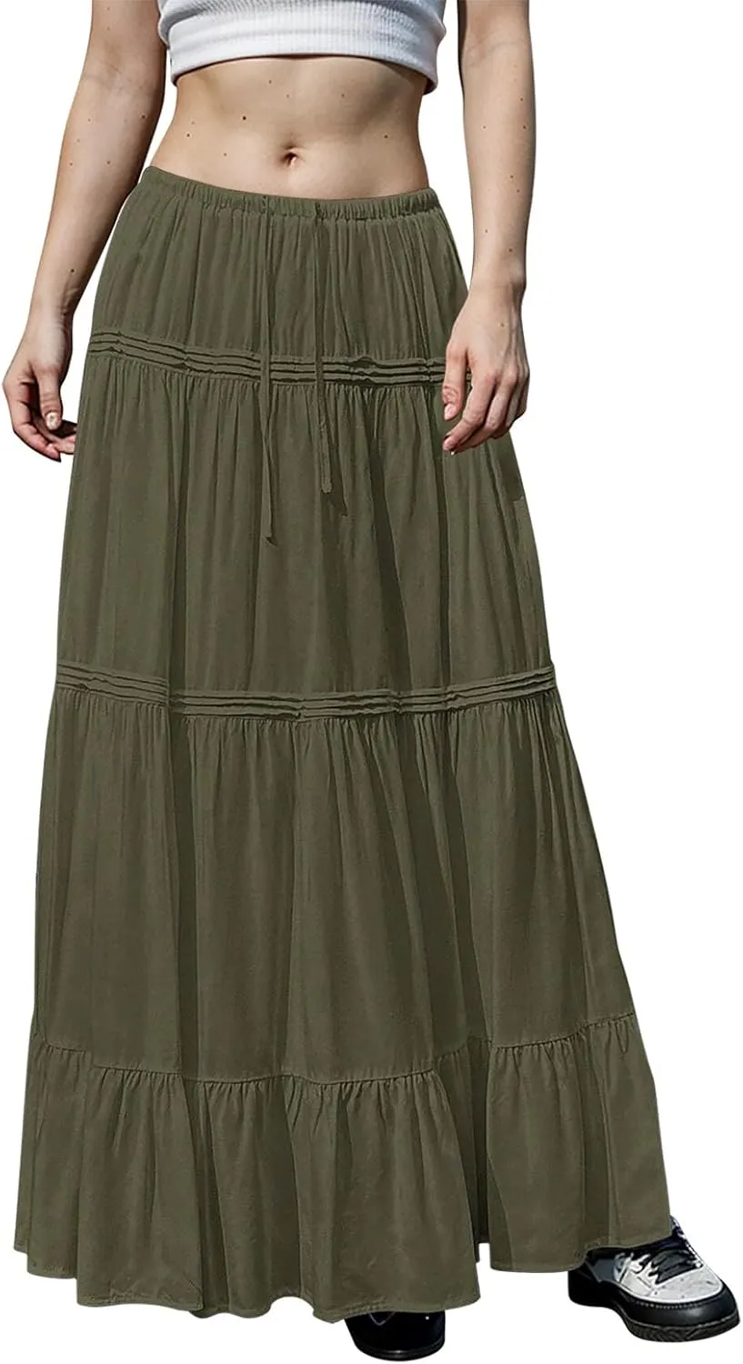 Pleated Linen Skirts for Women Summer Casual Elastic High Waisted Long Skirts A-Line Flowy Swing Maxi Skirt with Pockets