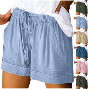 Plus Size Summer Shorts for Women Dressy Casual Elastic Waist Drawstring Cotton Linen Shorts with Pockets