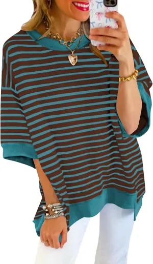 Poetsky Womens Oversized Tops Casual Short Sleeve Striped Shirts Summer Crewneck Pullover Sweatshirt Loose Blouses