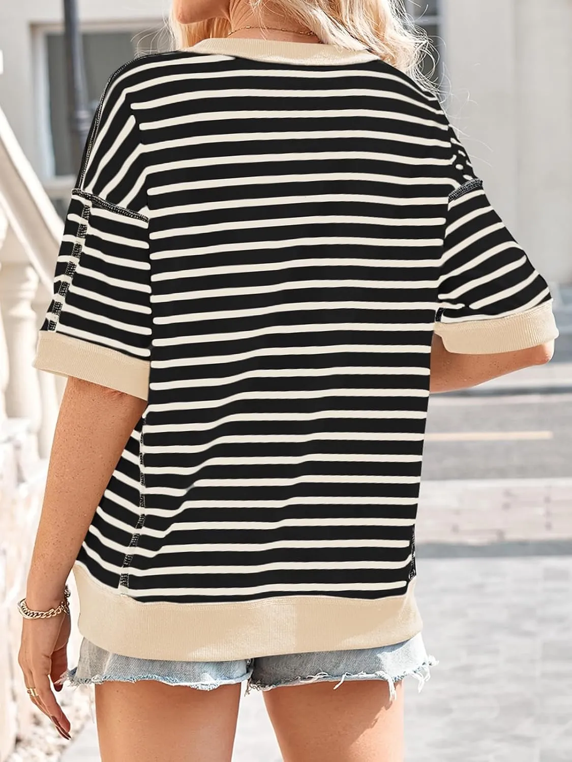 Poetsky Womens Oversized Tops Casual Short Sleeve Striped Shirts Summer Crewneck Pullover Sweatshirt Loose Blouses