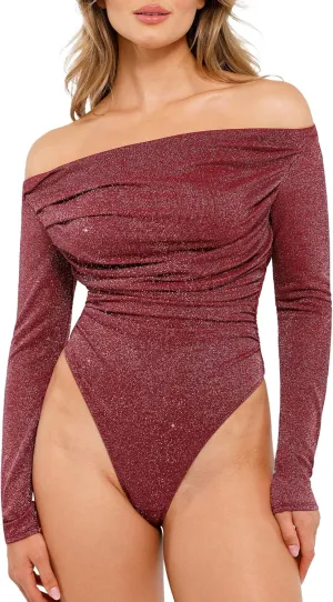 Popilush Sparkly Tops for Women - Long Sleeve Bodysuit Off The Shoulder Tops Tummy Control Shapewear Thong Going Out Tops