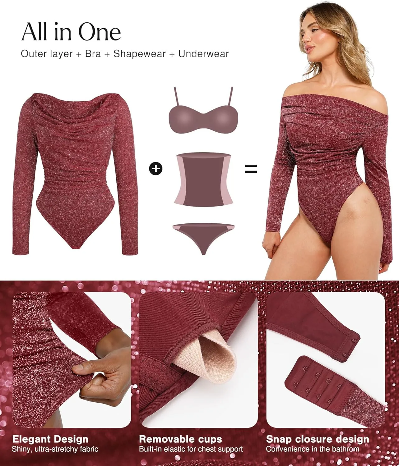 Popilush Sparkly Tops for Women - Long Sleeve Bodysuit Off The Shoulder Tops Tummy Control Shapewear Thong Going Out Tops