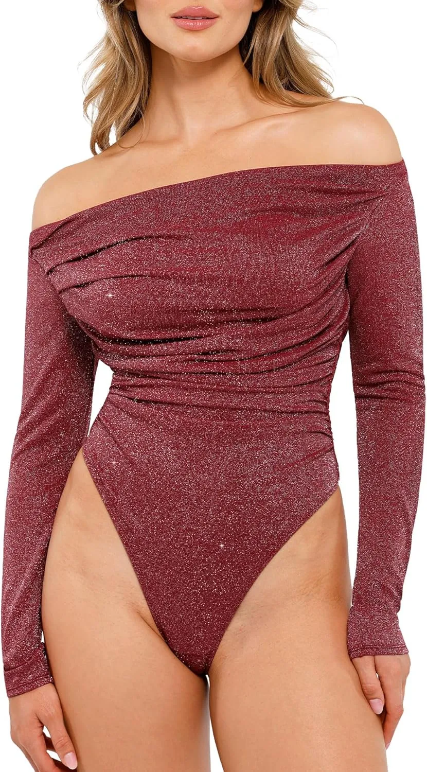 Popilush Sparkly Tops for Women - Long Sleeve Bodysuit Off The Shoulder Tops Tummy Control Shapewear Thong Going Out Tops