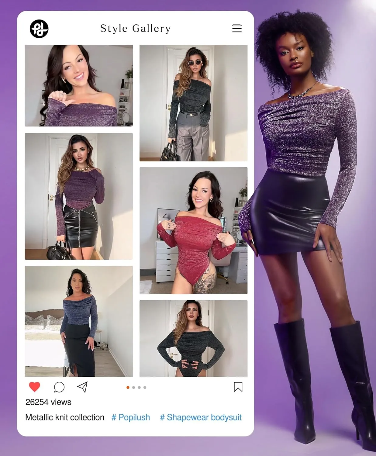 Popilush Sparkly Tops for Women - Long Sleeve Bodysuit Off The Shoulder Tops Tummy Control Shapewear Thong Going Out Tops