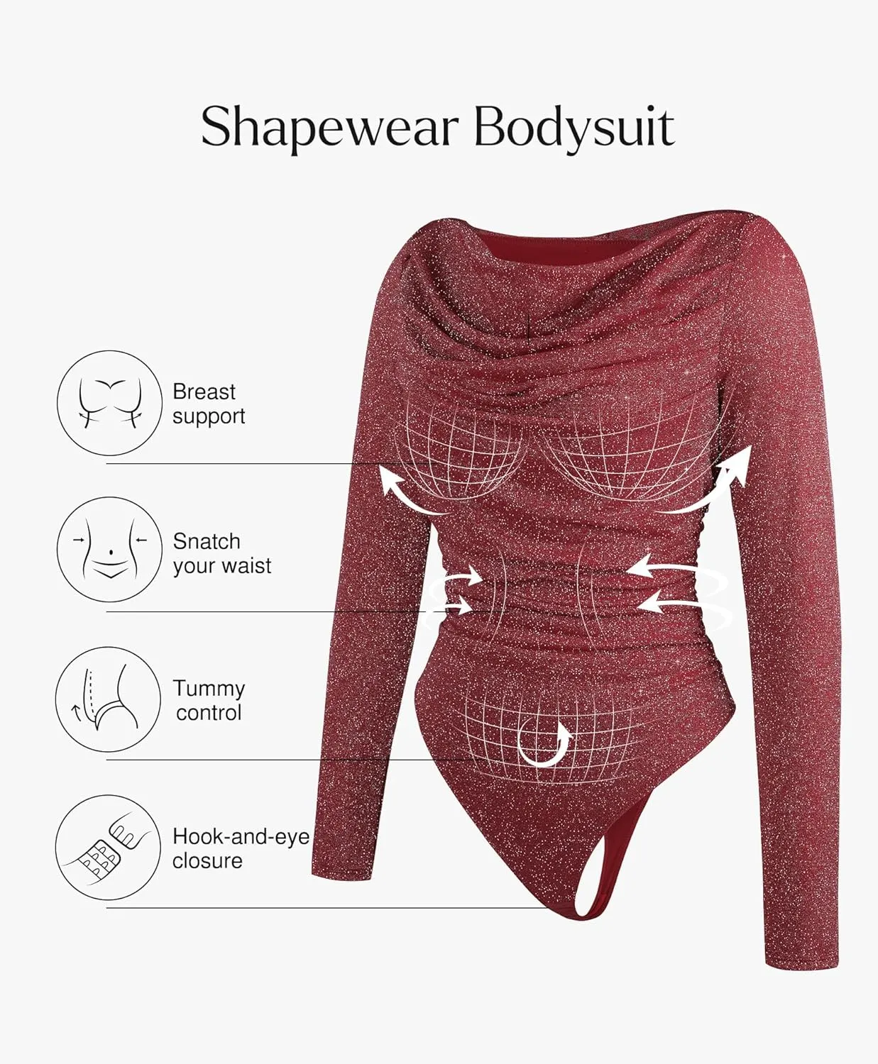 Popilush Sparkly Tops for Women - Long Sleeve Bodysuit Off The Shoulder Tops Tummy Control Shapewear Thong Going Out Tops