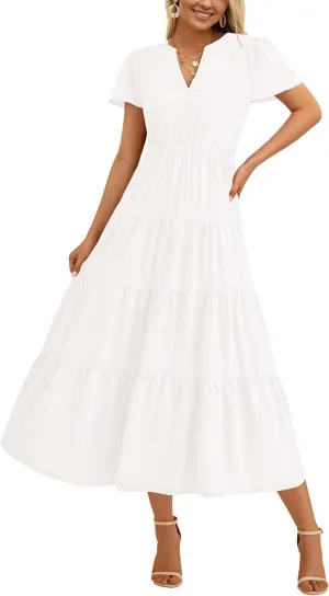 PRETTYGARDEN Women Summer Midi Dresses 2025 Casual Short Sleeve V Neck Belted Tiered Ruffle Vacation Dress with Pockets
