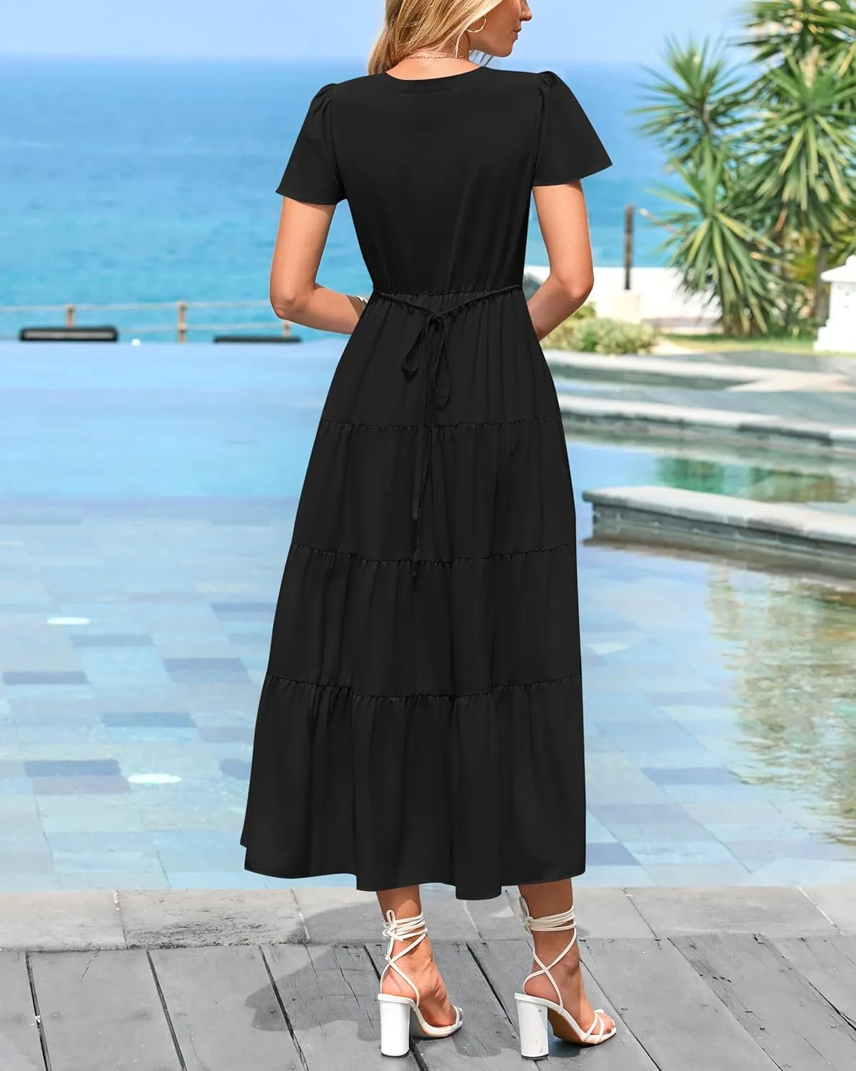 PRETTYGARDEN Women Summer Midi Dresses 2025 Casual Short Sleeve V Neck Belted Tiered Ruffle Vacation Dress with Pockets